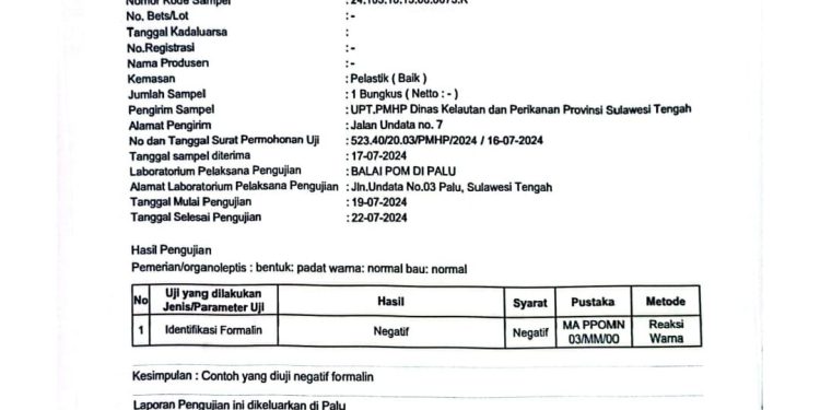 Laporan Pengujian Ikan di Pasar Masomba Kota Palu: Bebas dari Kandungan Formalin